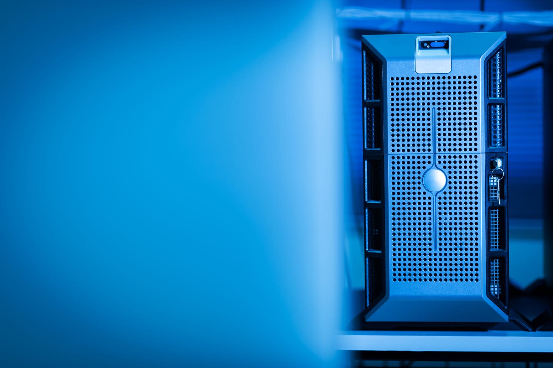 Close-up of a modern server in a blue-lit data center
