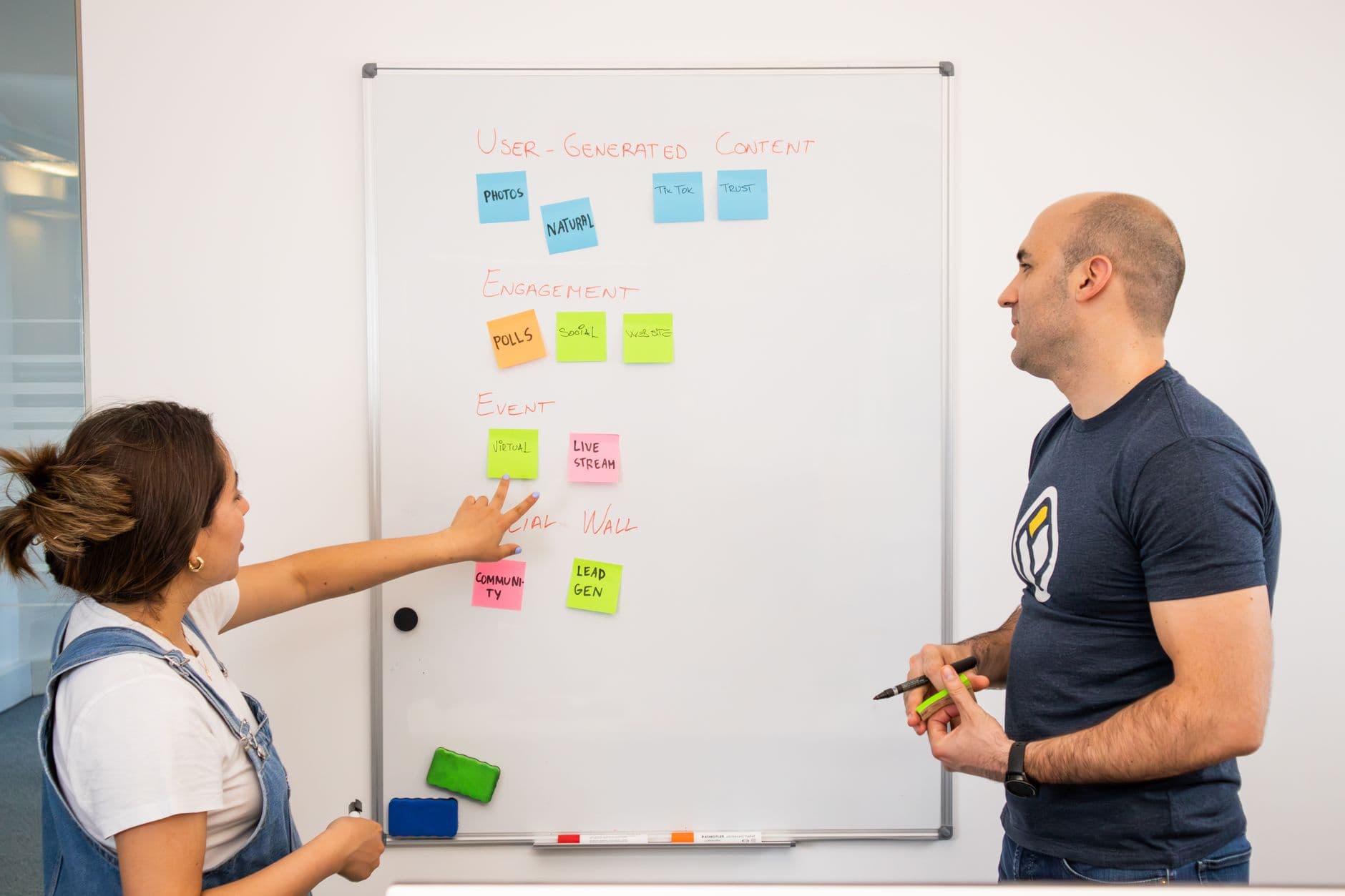 Two professionals planning a project together beside a whiteboard