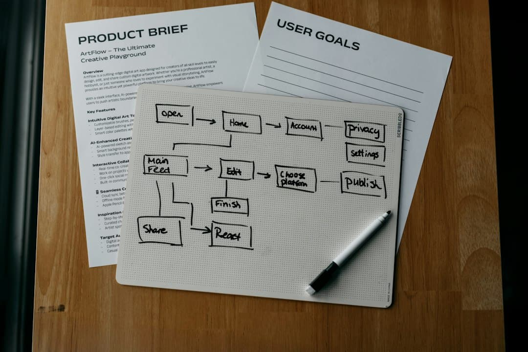 Workflow diagram, product brief, and user goals arranged on a desk